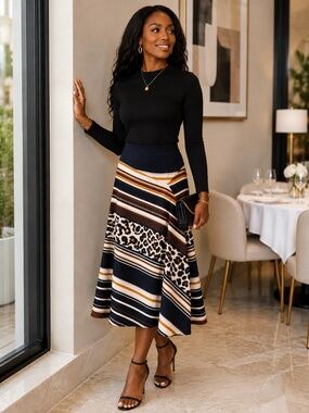 DKNY Navy Brown Striped Leopard Print Skirt Size 8
